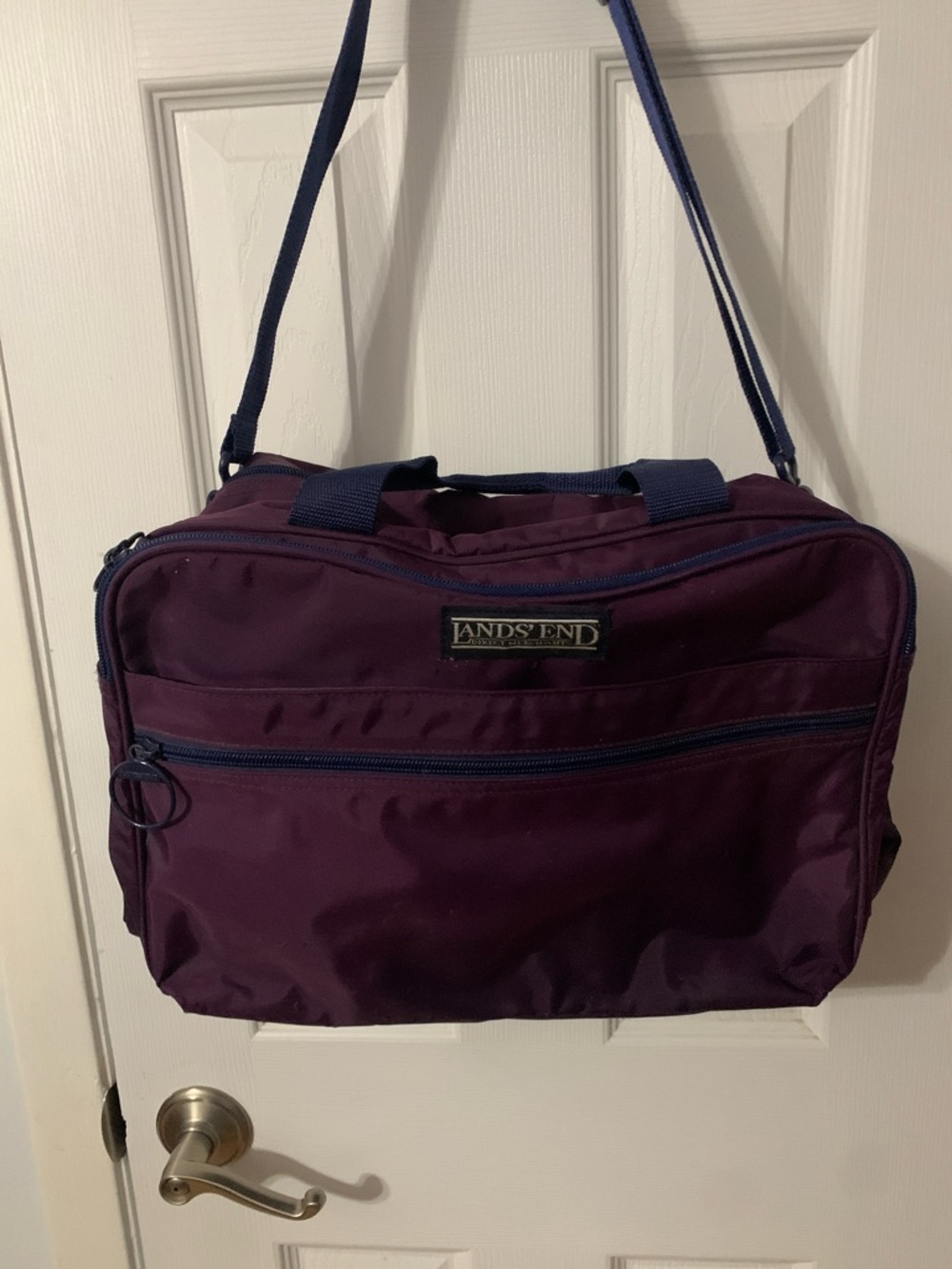 Lands' End Deep Plum Diaper/Travel Shoulder Bag with Navy Accents